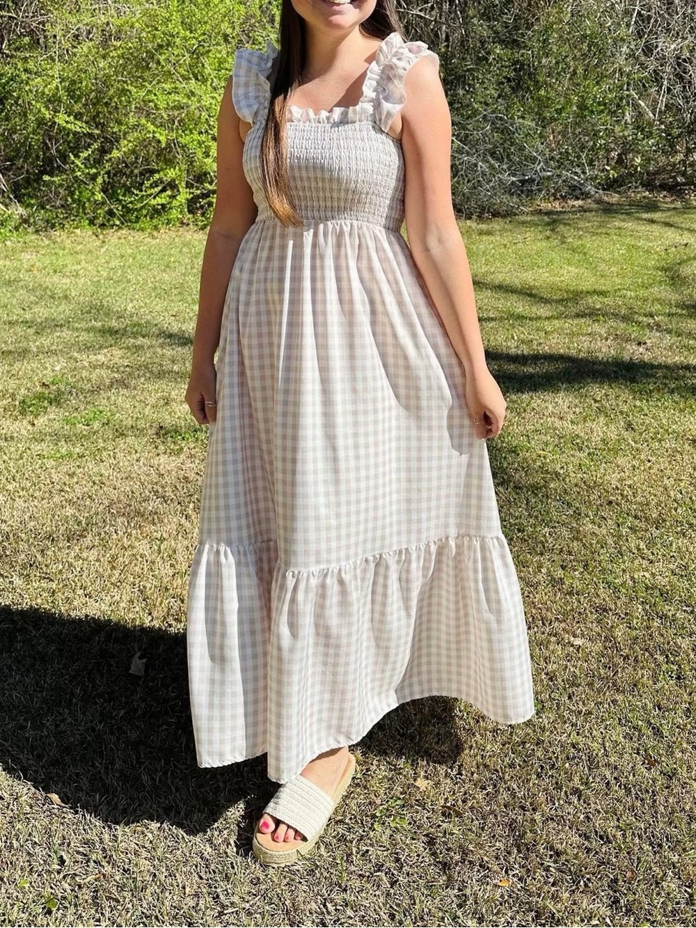 Smocked Gingham Maxi Dress in Beige and White